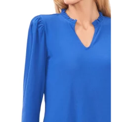 Coupon ๐ CeCe ๐ฉ Women's Solid Puff-Sleeve Split-Neck Top Deep Royal Blue ๐