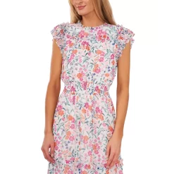 Best Sale 🤩 CeCe 👩 Women's Floral-Print Ruffled Cap-Sleeve Midi 👗 Dress Rich Black ⭐ -CeCe Sales Shop unnamed file 165