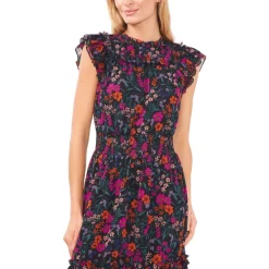 Best Sale 🤩 CeCe 👩 Women's Floral-Print Ruffled Cap-Sleeve Midi 👗 Dress Rich Black ⭐ -CeCe Sales Shop unnamed file 166