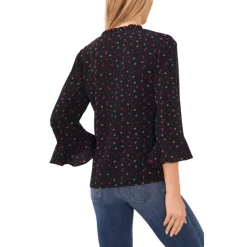 Best Sale 🤩 CeCe 👩 Women's Floral-Print Ruffled Cap-Sleeve Midi 👗 Dress Rich Black ⭐