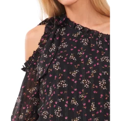 New ✔️ CeCe 👩 Women's Printed Cold-Shoulder Bow Blouse Rich Black 👍 -CeCe Sales Shop unnamed file 382