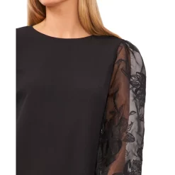 Coupon 👍 CeCe 👩 Women's Tie-Neck Short-Puff-Sleeve Top Rich Black 🌟