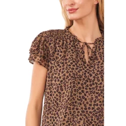 New โ๏ธ CeCe ๐ฉ Women's Printed Cold-Shoulder Bow Blouse Rich Black ๐