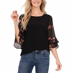 Top 10 🛒 CeCe 👩 Women's Mixed-Media Ruffle-Sleeve Top Rich Black 🎁