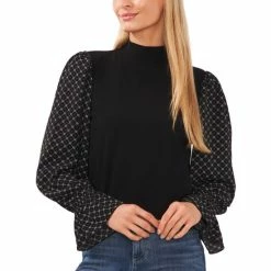 Best deal 😍 CeCe 👩 Women's Mixed-Media Mock-Neck Smocked-Cuff Knit Top Rich Black 🔔