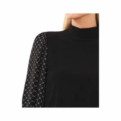 Best deal 😍 CeCe 👩 Women's Mixed-Media Mock-Neck Smocked-Cuff Knit Top Rich Black 🔔 -CeCe Sales Shop unnamed file 596