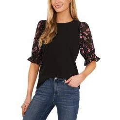 Best reviews of ⭐ CeCe 👩 Women's Mixed-Media Puff-Sleeve Round-Neck Top Rich Black 💯