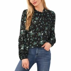 Best deal 🤩 CeCe 👩 Women's Printed Tie-Neck Blouse Rich Black 🥰