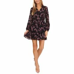 Top 10 🎁 CeCe 👩 Women's Printed Long-Sleeve Babydoll 👗 Dress Rich Black ✨