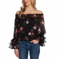 Best Pirce 🤩 CeCe Printed Off-The-Shoulder Ruffled-Sleeve Top Rich Black 🎁