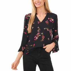 Best Sale ✨ CeCe 👩 Women's Elbow Ruffle Sleeve V-Neck Blouse Rich Black ⌛