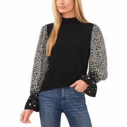 Best Sale 🔔 CeCe 👩 Women's Mock-Neck Mixed-Media Knit Top Rich Black ✔️