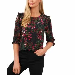 Wholesale 👏 CeCe 👩 Women's Floral-Print 3/4-Sleeve Ruffle-Shoulder Top Rich Black 😀