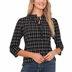 Best reviews of 👍 CeCe 👩 Women's 3/4-Sleeve Knit Tie-Neck Top Rich Black 🥰