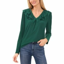 New ✔️ CeCe 👩 Women's Ruffled Long-Sleeve Top Alpine Green ✔️
