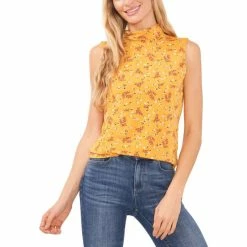 Promo 😉 CeCe 👩 Women's Mock Neck Sleeveless Blossom Top Wishful Gold 😍