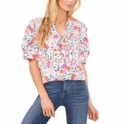 Best Sale 🧨 CeCe 👩 Women's Floral-Print Tie-Neck Puff-Sleeve Top New Ivory 🧨
