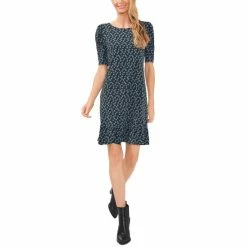 Best Sale 🥰 CeCe 👩 Women's Puffed Sleeve Printed Knit 👗 Dress Forest Shadow 🧨