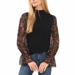 Best deal ⌛ CeCe 👩 Women's Mixed-Media Mock-Neck Knit Top Rich Black 🤩