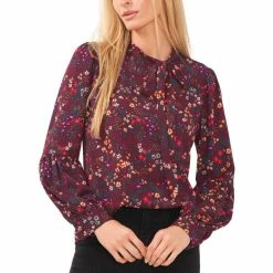 Discount 🧨 CeCe 👩 Women's Printed Bow-Neck Top Spiced Wine 🔥