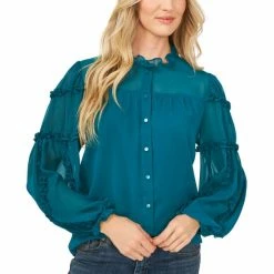 Wholesale 🔔 CeCe Solid Ruffled-Sleeve Button-Down Blouse Vivid Teal 👍