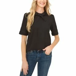 Top 10 ❤️ CeCe Faux Suede-Trimmed Tie-Neck Blouse Rich Black ❤️