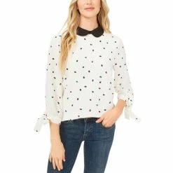 Budget 😀 CeCe Dot-Print Collared Tie-Sleeve Blouse Soft Ecru 🔔