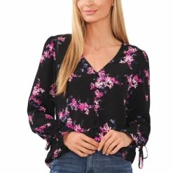 Brand new ✔️ CeCe 👩 Women's Floral-Print Ruffled Tie-Sleeve Button-Down Top Rich Black 🌟